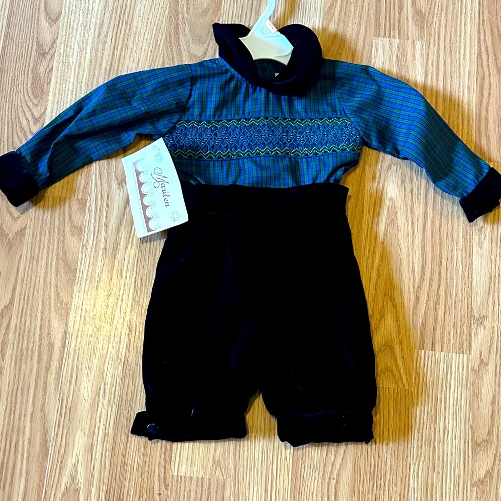 Marilen 2 piece Velvet Pant & Blue & Green Plaid Top w/ Peter Pan Collar - 6 mo